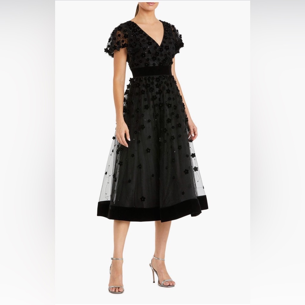 Mac Duggal Black Floral Midi Dress